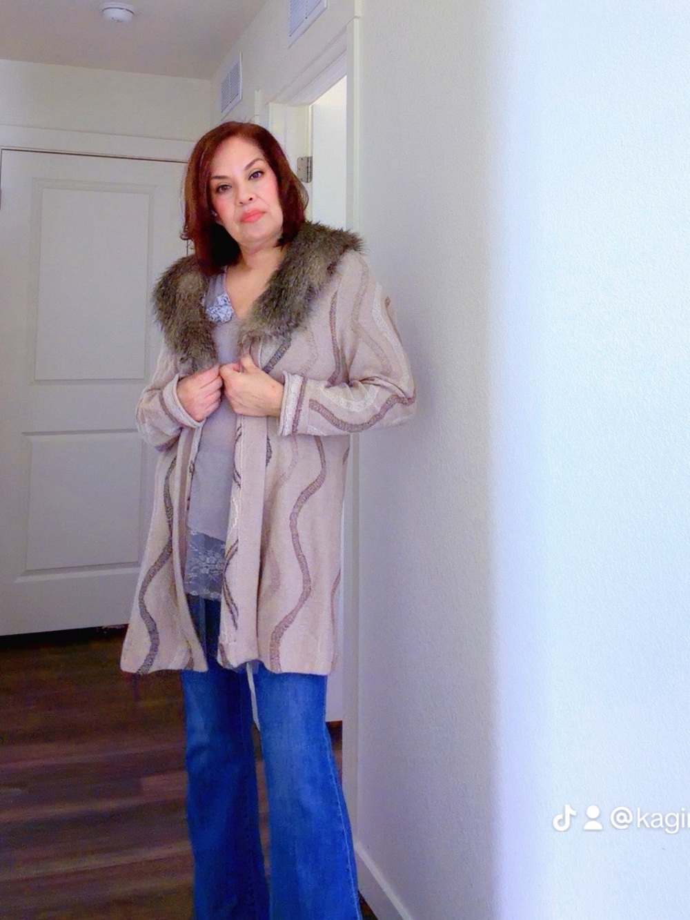 Chico's Cream Sweater Cardigan with Faux Fur Collar